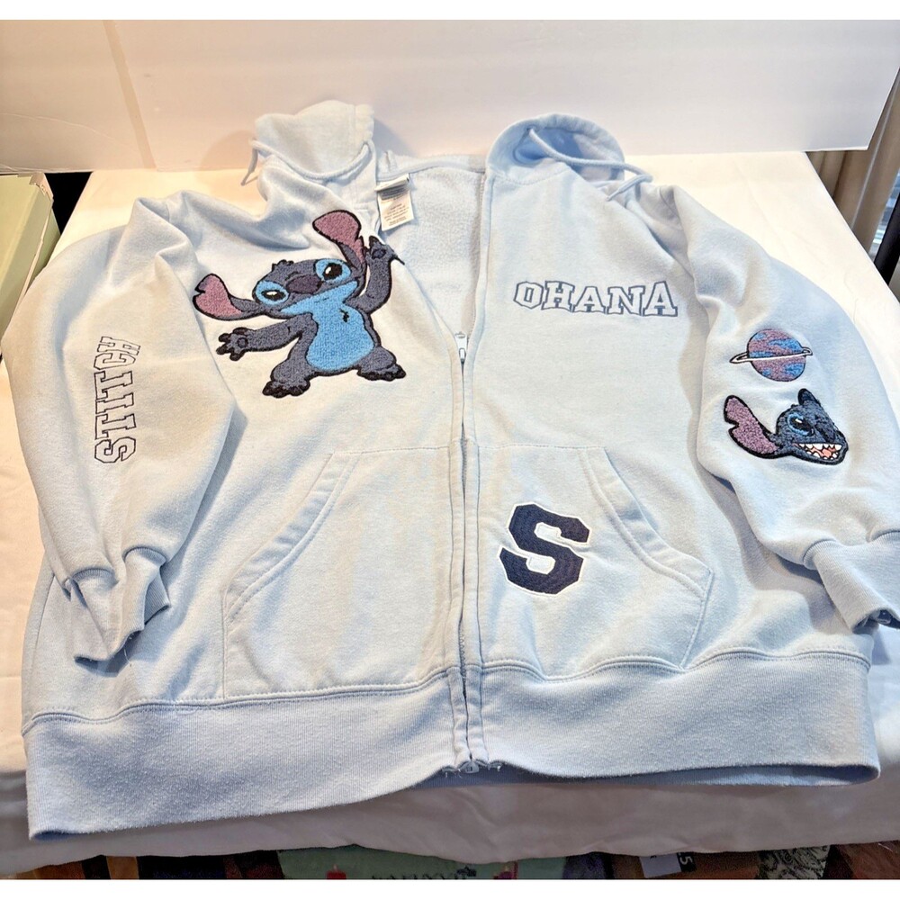 Disney Stitch Ohana Light Blue Full Zip Hoodie Chenille Patches Womens L